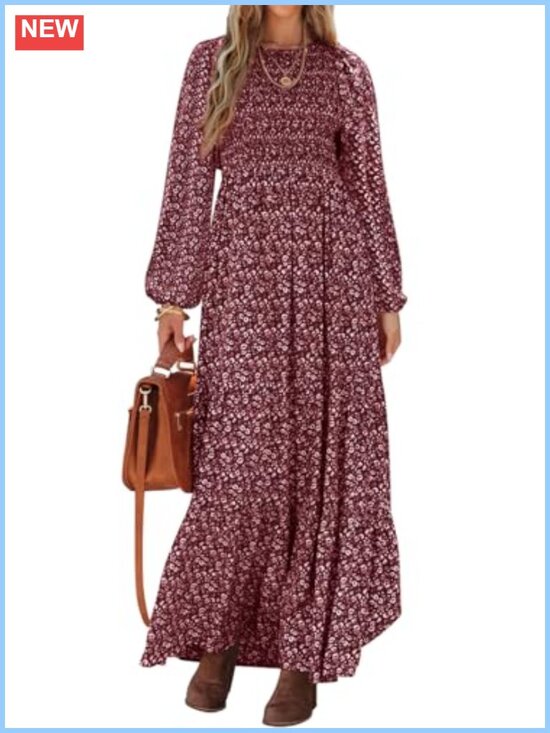 Dresses & Skirts - Long Sleeve Floral Maxi Dress Smocked A-Line Casual Fall Outfit